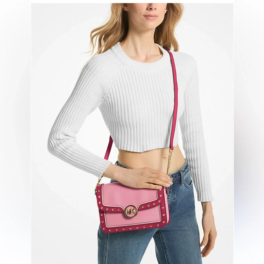 NWT Michael Kors Leida Medium Studded Shoulder/Crossbody in Electric Pink ⚡️ ⚡️ - Picture 7 of 17